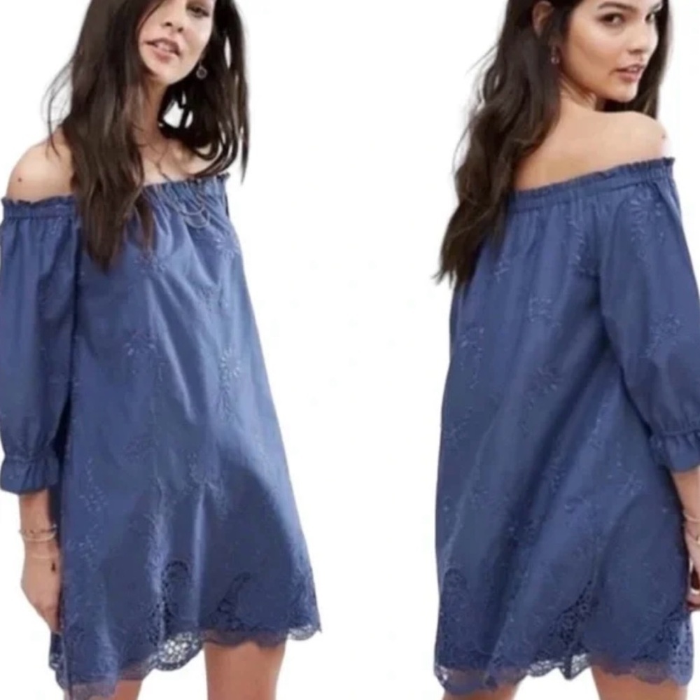 Abercrombie & Fitch Blue Off the Shoulder Dress Embroidered Boho Floral Size S